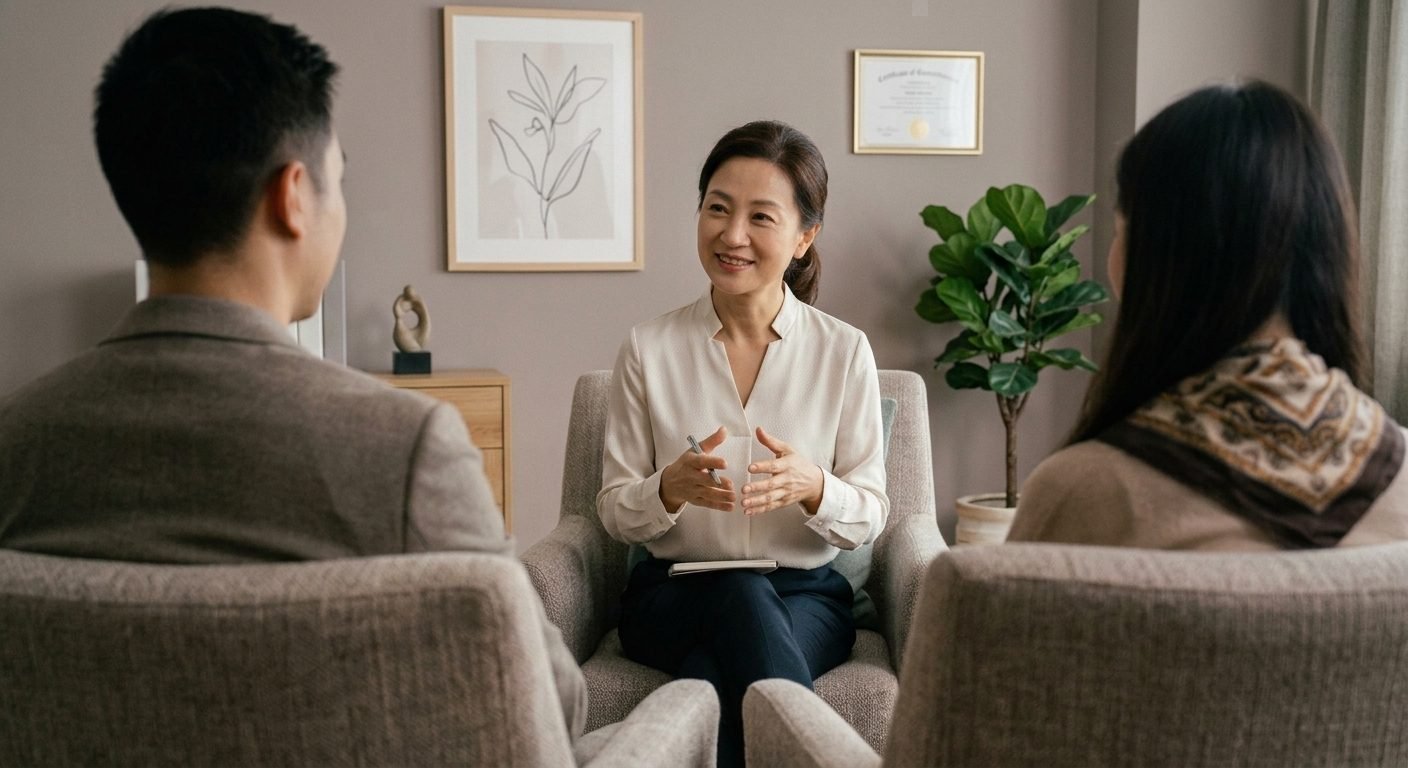 A Chinese female counsellor in a therapy session with a male and female client in a warm, professional setting.